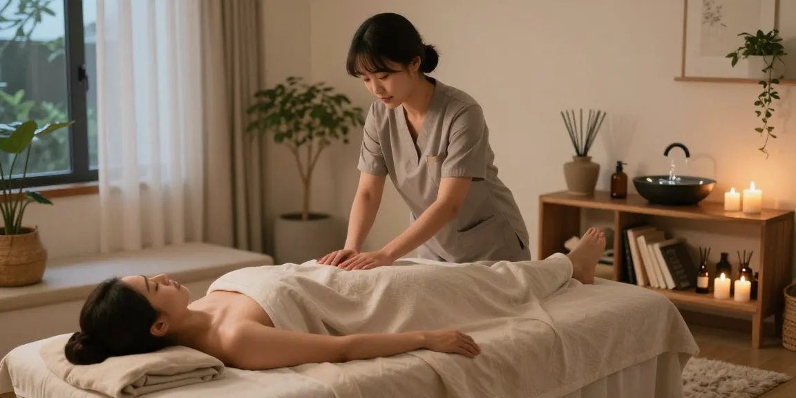 Relaxing 논현동출장안마 session in a tranquil home setting, professional therapist providing soothing massage.