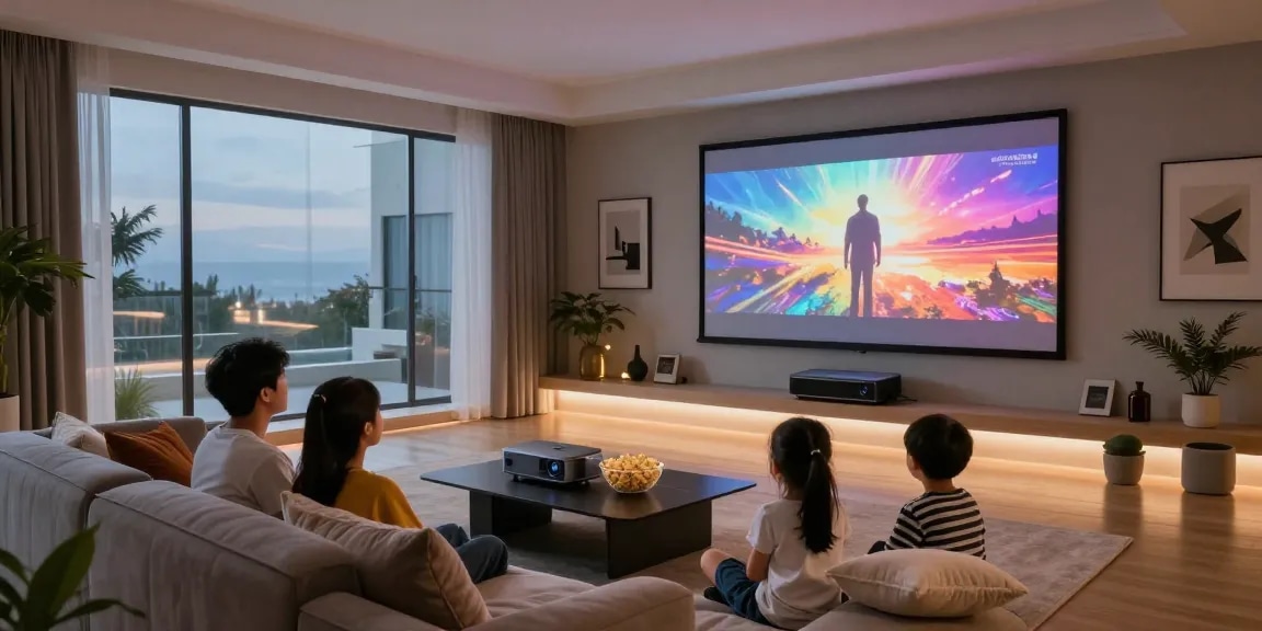 Family enjoying movie night with the best projector 2026 in a cozy home theater setting.