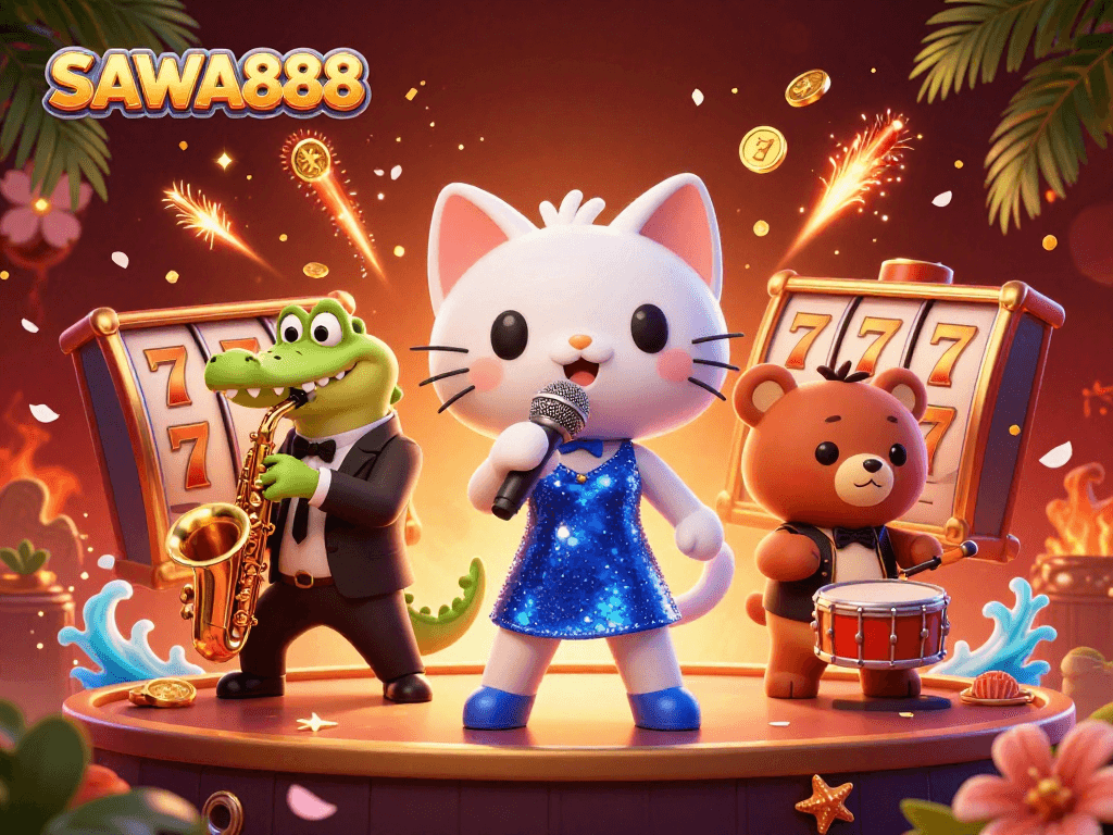 Experience the excitement of SAWA888 with vivid casino characters and dynamic gaming elements.