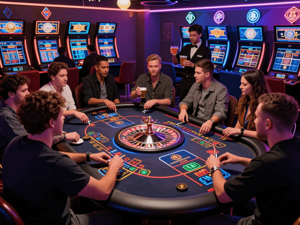 Players enjoying a lively atmosphere at a crypto casino with digital games, vibrant decor, and high-tech gaming.