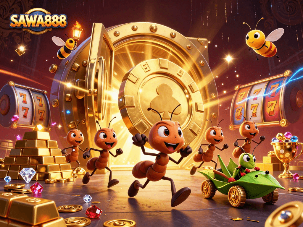 SAWA888's vibrant 3D illustration shows ants on a heist, merging casino elements like slot reels.