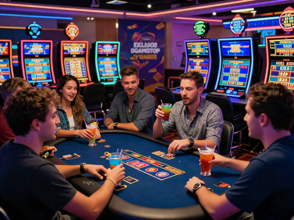 Engaged players at a non Gamstop casino, enjoying colorful gaming scene with excitement and digital interfaces.