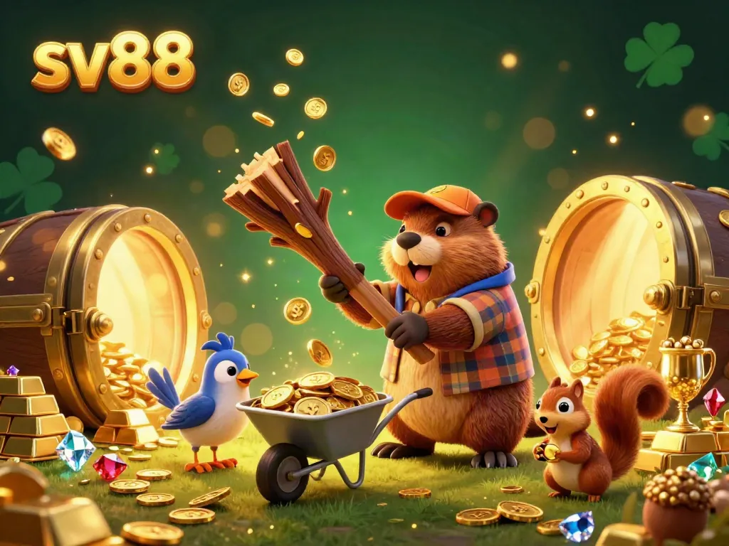 Experience the thrill of sv88 with a cartoon beaver raining gold coins, surrounded by dazzling casino riches!