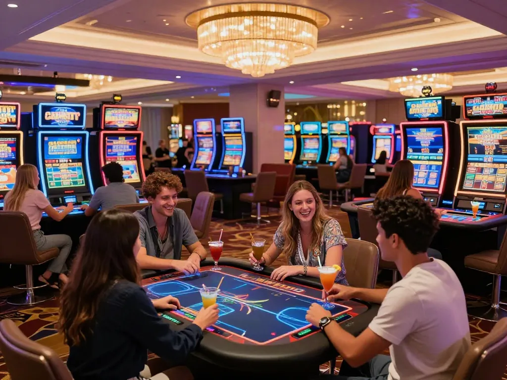 Exciting non gamstop casino scene showcasing diverse players enjoying games and socializing.