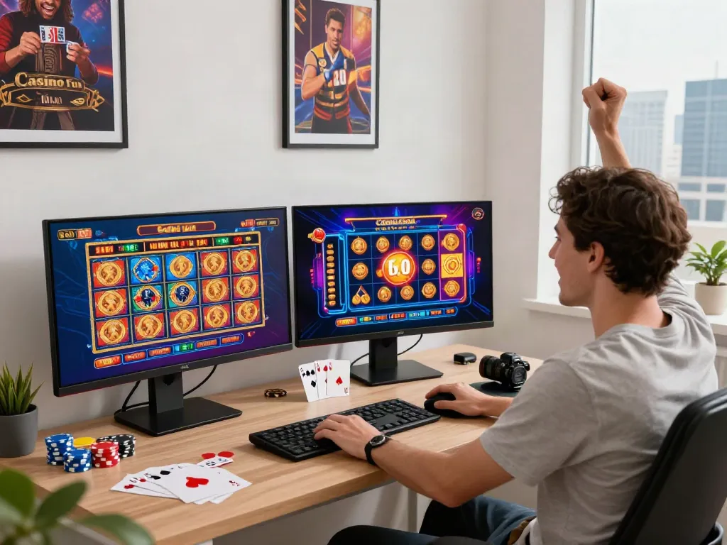 Player enjoying a non Gamstop casino game in a vibrant home office.