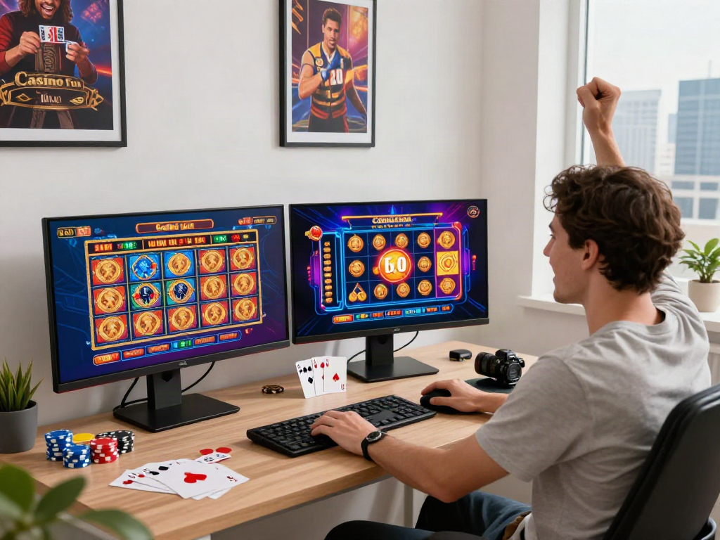 Player enjoying a non Gamstop casino game in a vibrant home office.