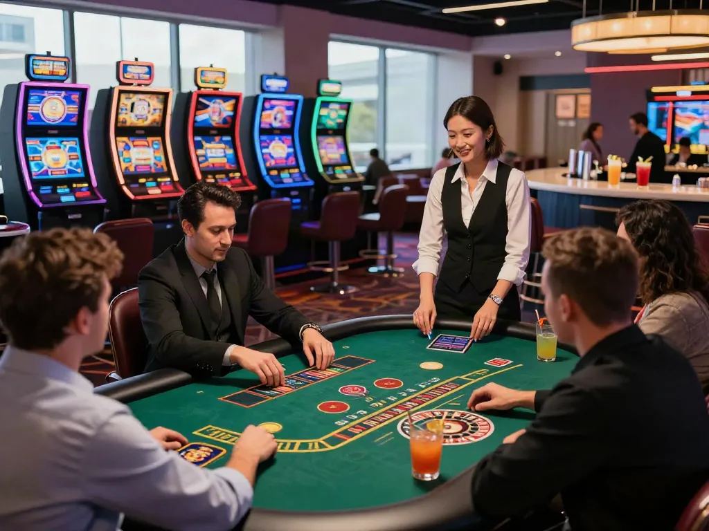 Exciting gaming scene in a non GamStop casino with players at tables and vibrant slot machines.
