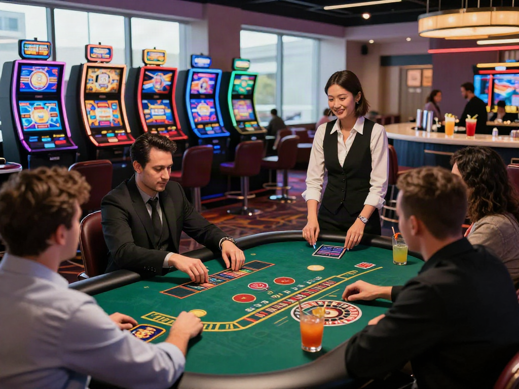 Exciting gaming scene in a non GamStop casino with players at tables and vibrant slot machines.