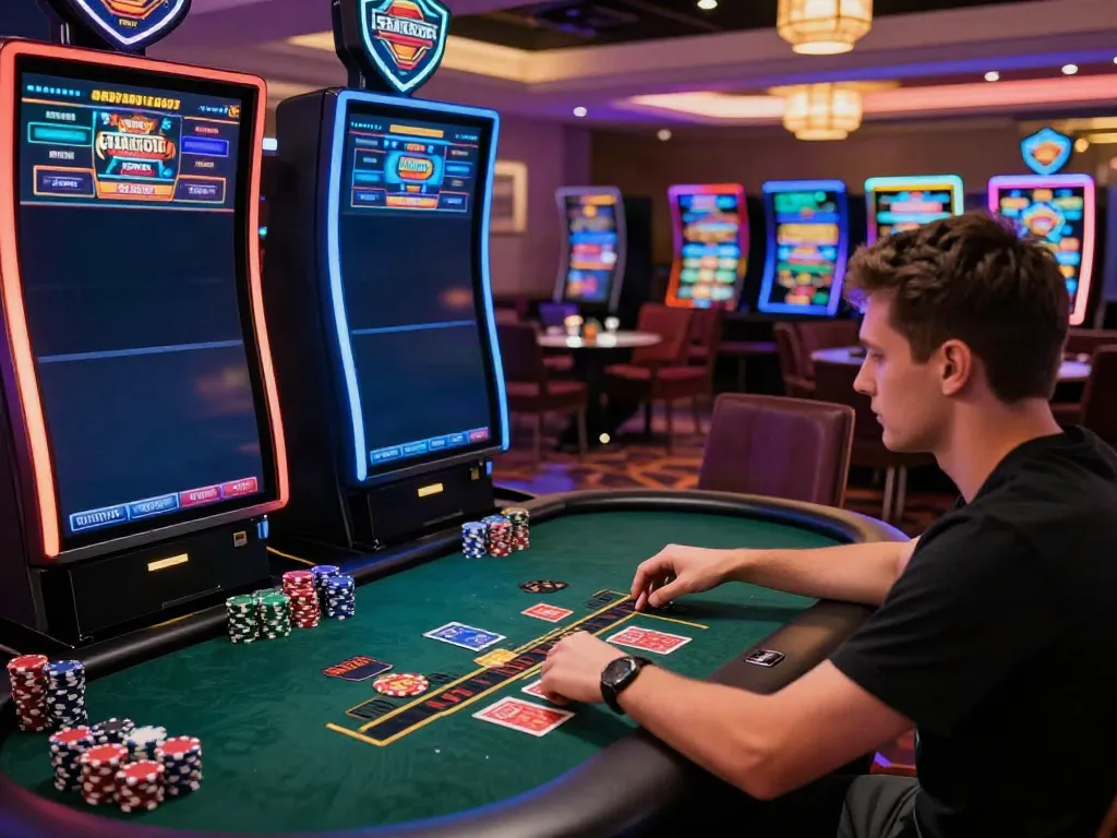 Player enjoying games at a non GamStop casino with vibrant atmosphere and advanced technology.