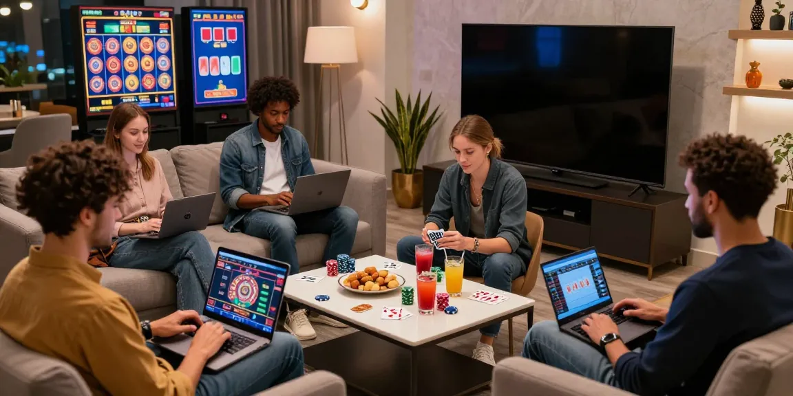 Diverse players enjoying a non gamstop casino experience in a lively lounge setting.