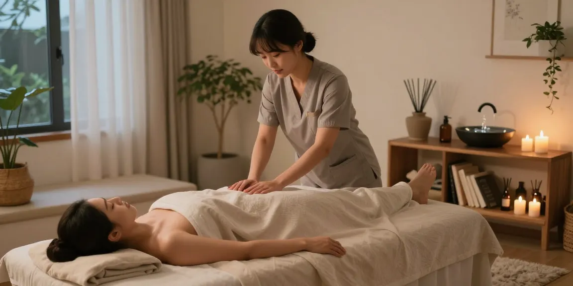Relaxing 논현동출장안마 session in a tranquil home setting, professional therapist providing soothing massage.