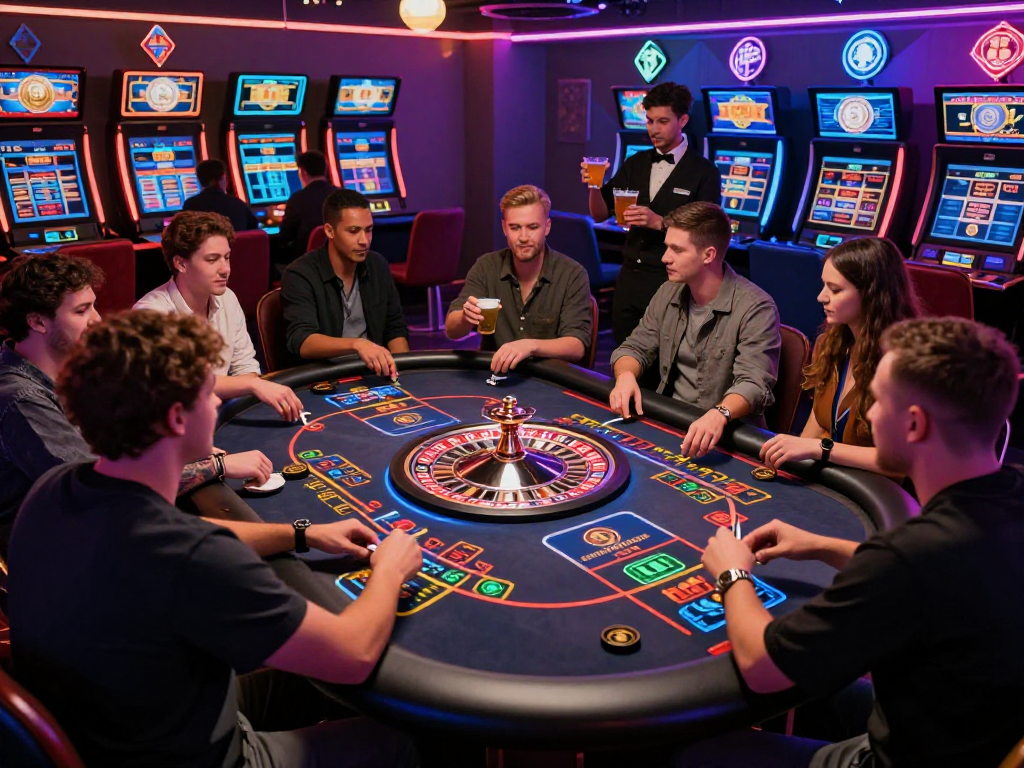Players enjoying a lively atmosphere at a crypto casino with digital games, vibrant decor, and high-tech gaming.