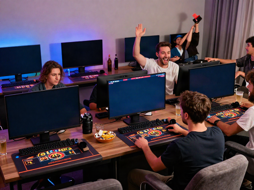 Engaging players enjoying a non Gamstop casino experience at home with vibrant lighting.