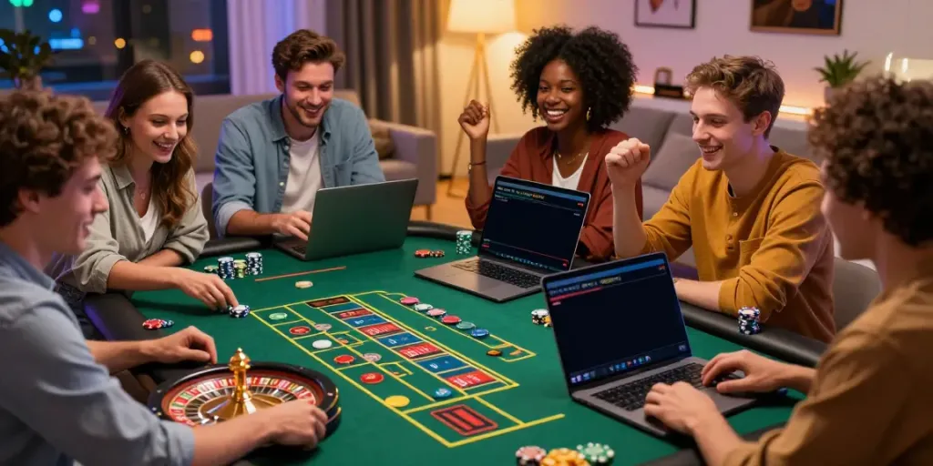 Group of friends engaging in non GamStop casino gaming night with vibrant atmosphere.