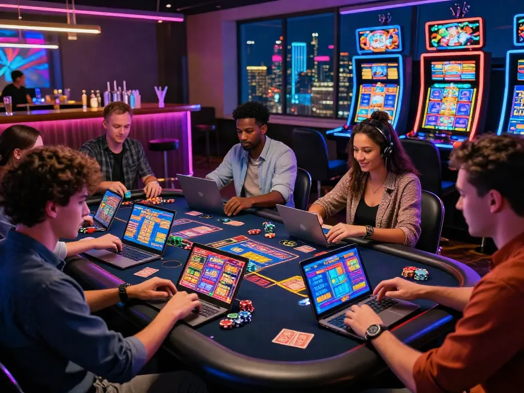 An engaging scene of friends enjoying non Gamstop casino games around a vibrant gaming table, surrounded by neon lights and city skyline at night.