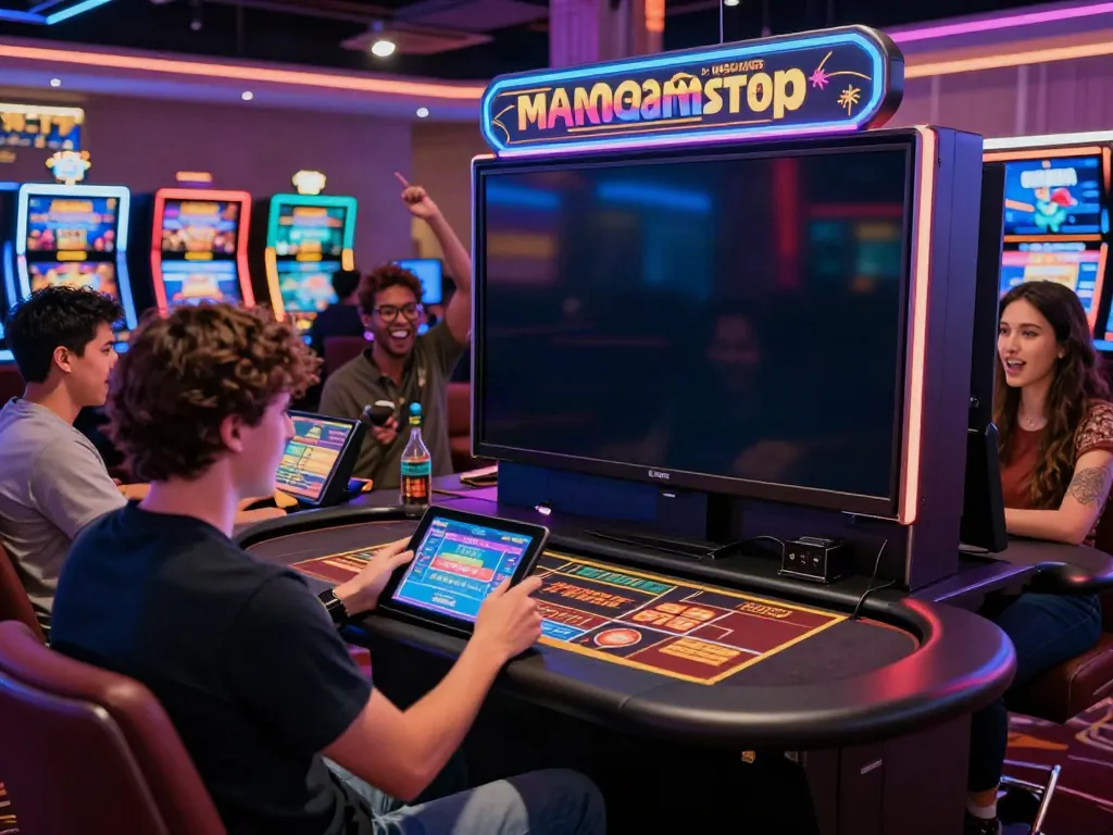 Engaging atmosphere at a non Gamstop casino with diverse players enjoying lively games, vibrant interior.