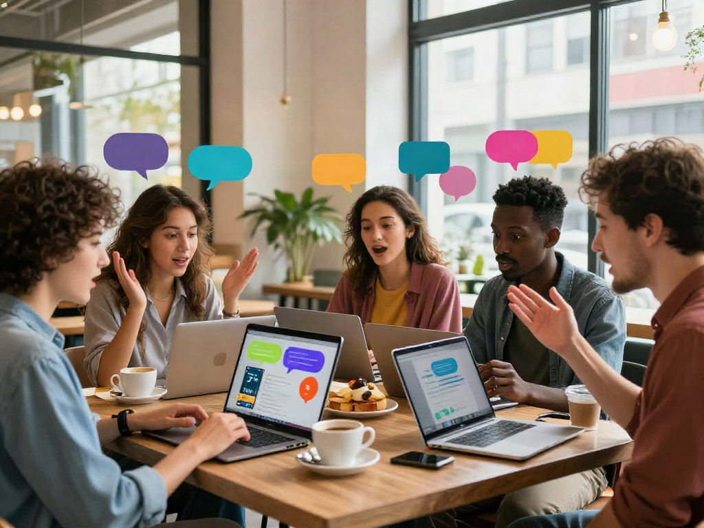 Engaging spicy chat scene in a modern café with diverse individuals discussing lively topics.