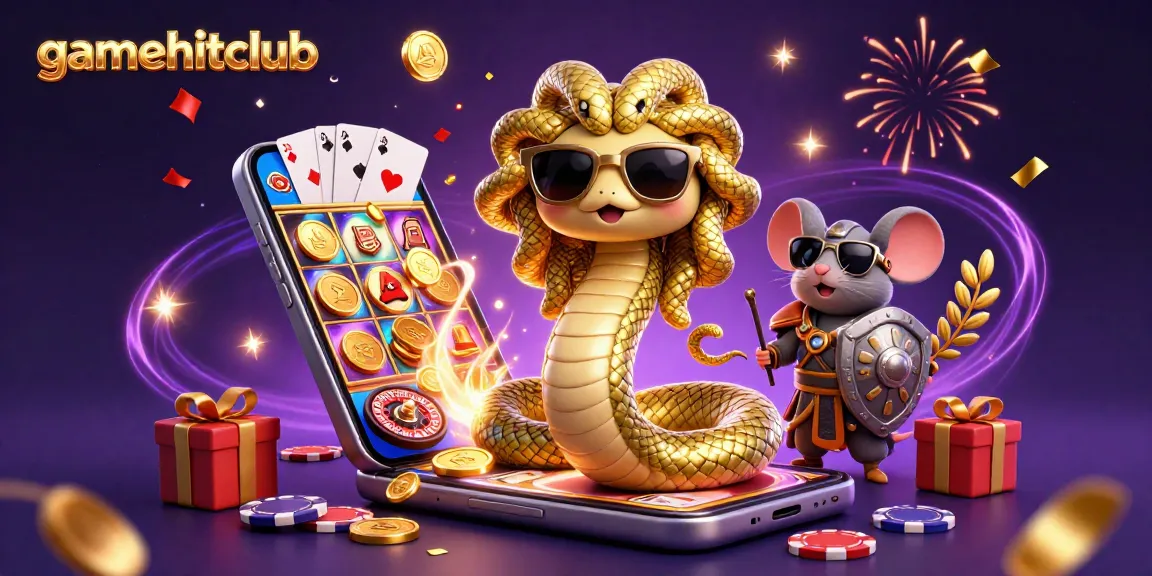 Experience gamehitclub's vibrant casino scene with Medusa and warrior mouse celebrating big wins.