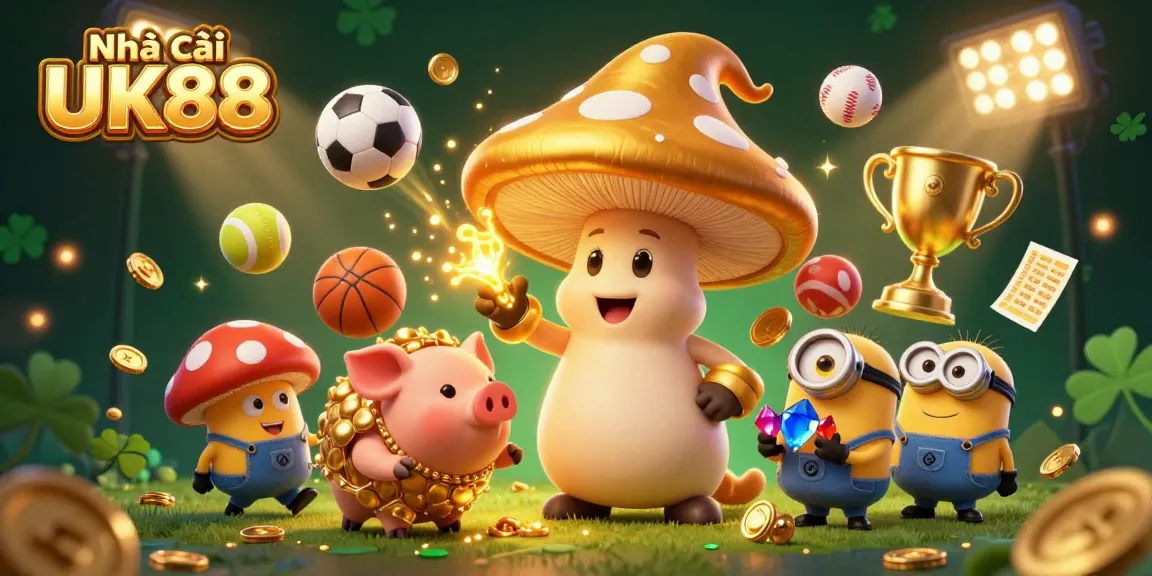 Experience the thrill of betting with Nhà cái UK88's lively 3D illustration showcasing sports excitement and treasure.