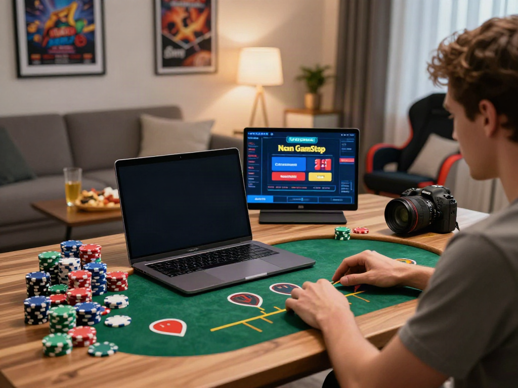 A player enjoying games at a non GamStop casino on a laptop in a cozy home setting, surrounded by gaming accessories and ambient lighting.