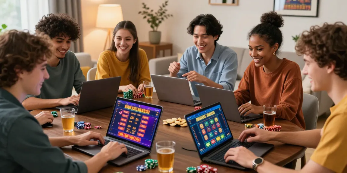 Friends enjoying online games at non gamstop casino in cozy living room