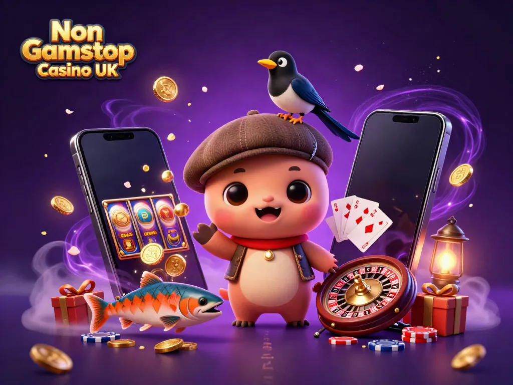 Engage with Non Gamstop Casino UK through vibrant cartoon characters in a lively gaming scene.