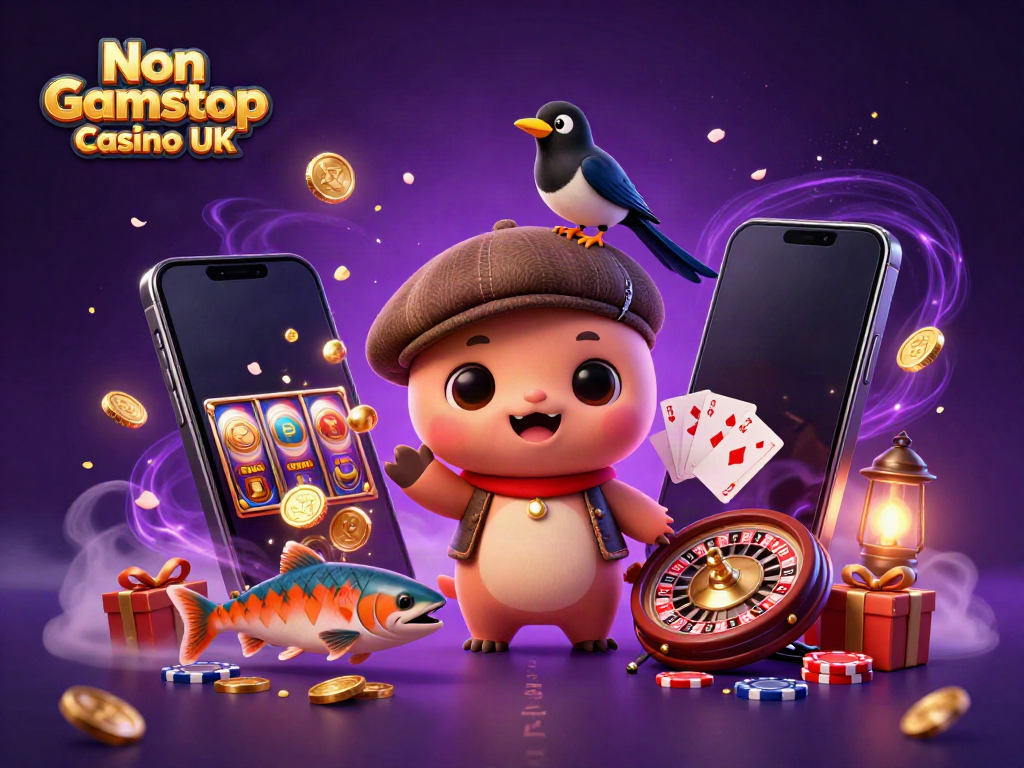 Engage with Non Gamstop Casino UK through vibrant cartoon characters in a lively gaming scene.
