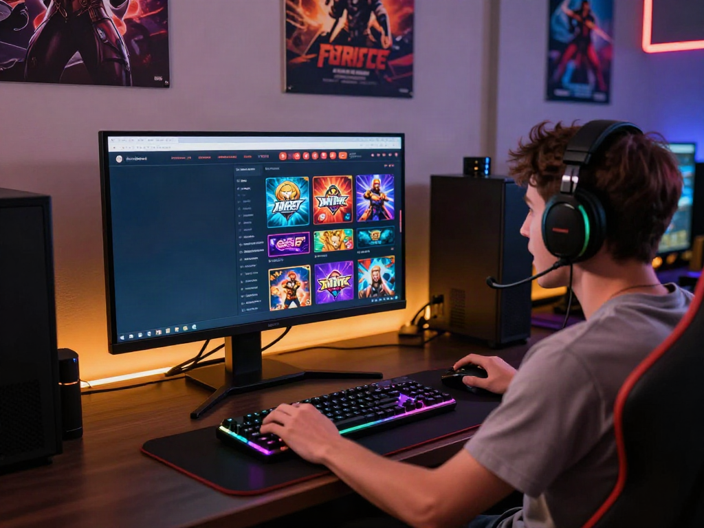 Engaged player exploring non gamstop casino games at a modern gaming desk with vibrant LED lighting.