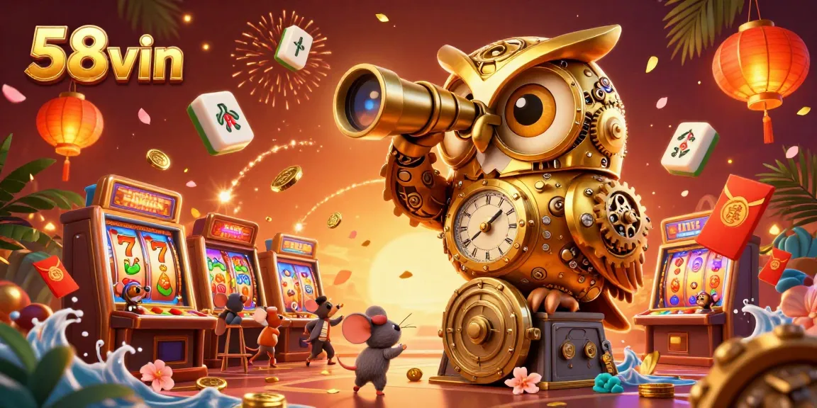 Engage with 58vin’s vibrant casino scene showcasing a golden owl and exciting slot machines.