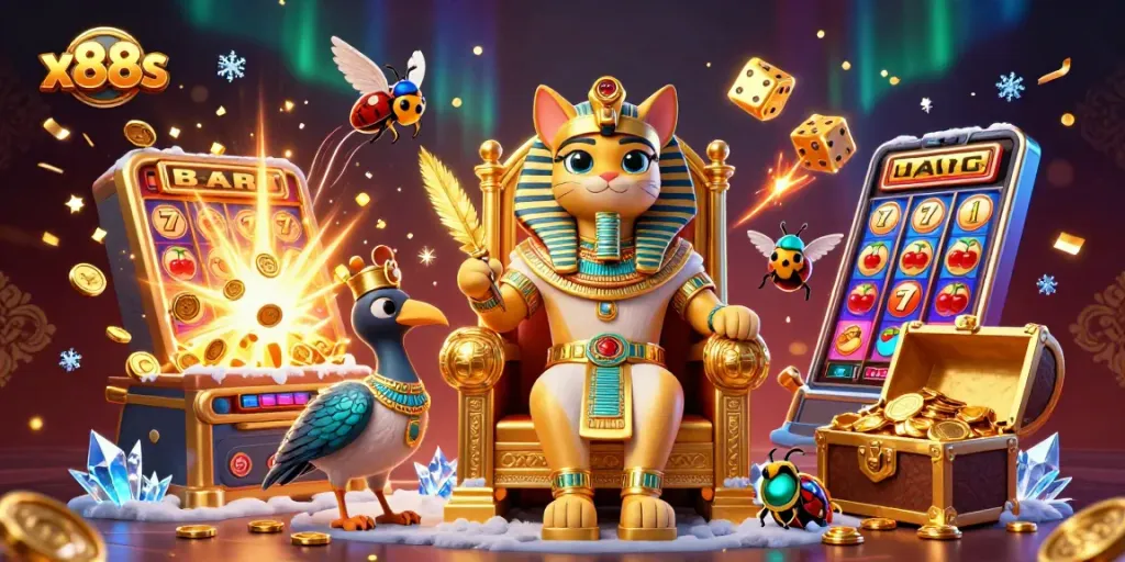 Engage in thrilling casino fun with x88s as a pharaoh cat presides over a jackpot explosion.