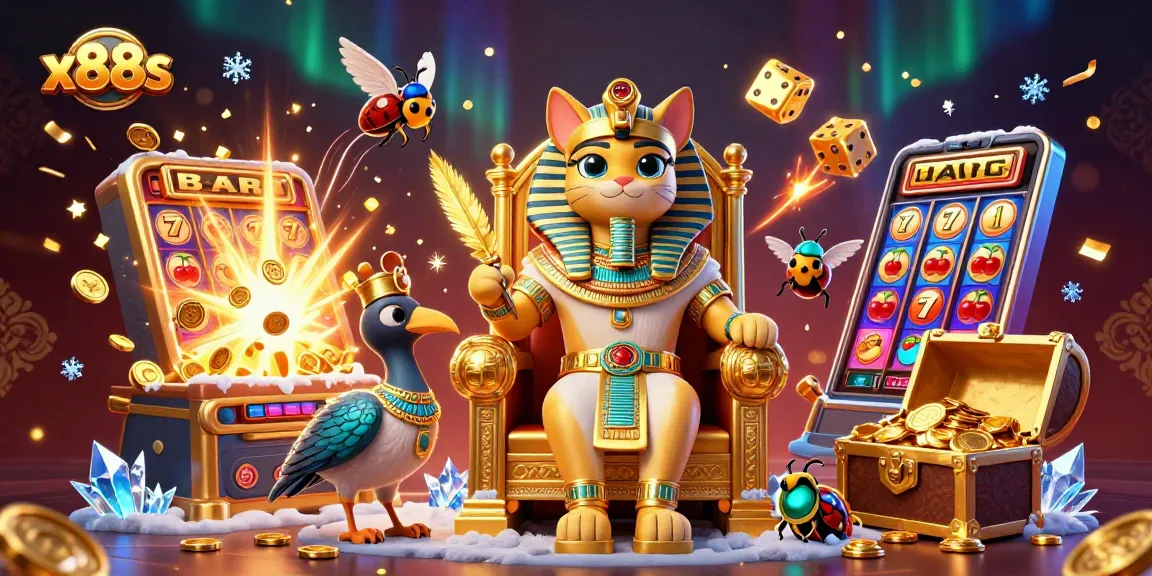 Engage in thrilling casino fun with x88s as a pharaoh cat presides over a jackpot explosion.