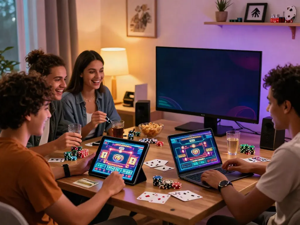 A lively gathering of friends enjoying a non gamstop casino gaming session at home, showcasing a tablet and vibrant decor.