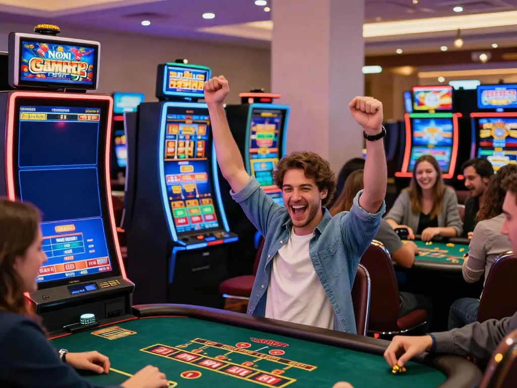 Diverse group celebrates at a non gamstop casino, highlighting energetic gaming atmosphere.