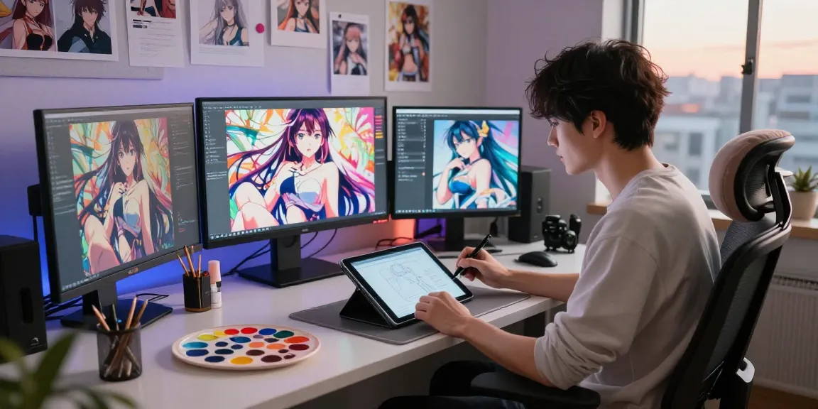 Creating ecchi AI art in a vibrant digital studio, with tools and screens showcasing anime characters