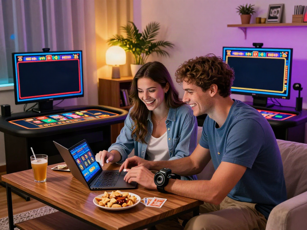 Couple playing at a non Gamstop casino on their devices in a cozy setting.