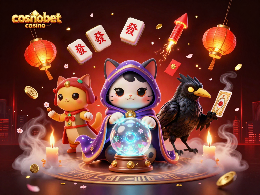 Experience the thrill at cosmobet casino with animated characters, games, and vibrant elements swirling in a captivating scene.