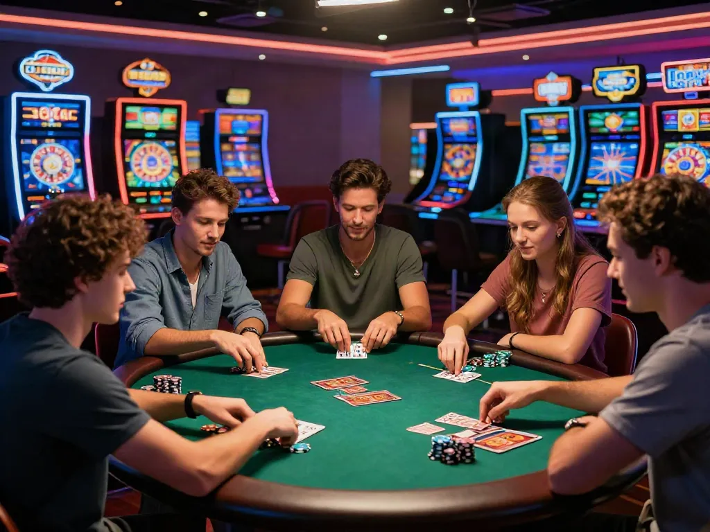 Group of friends enjoying a lively non Gamstop casino gaming experience with cards and chips.