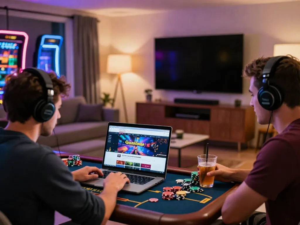 Diverse players enjoying a non Gamstop casino gaming night in a cozy setting.