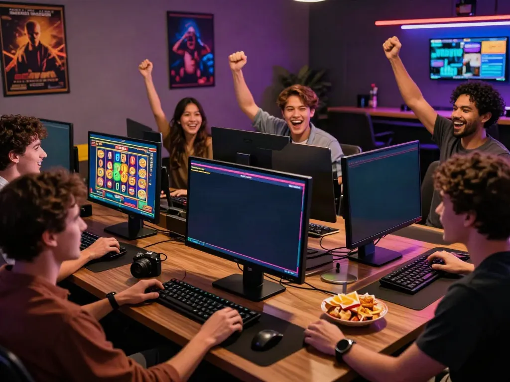 Diverse friends enjoying a lively non Gamstop casino gaming session at home, showcasing excitement.