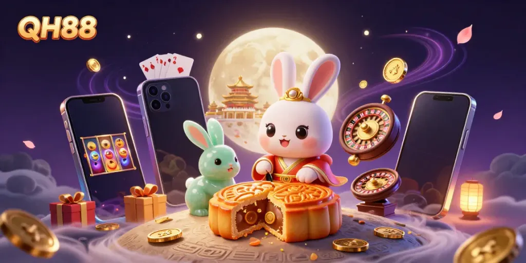 Experience the excitement of QH88 with a whimsical scene of a moon rabbit and casino elements.