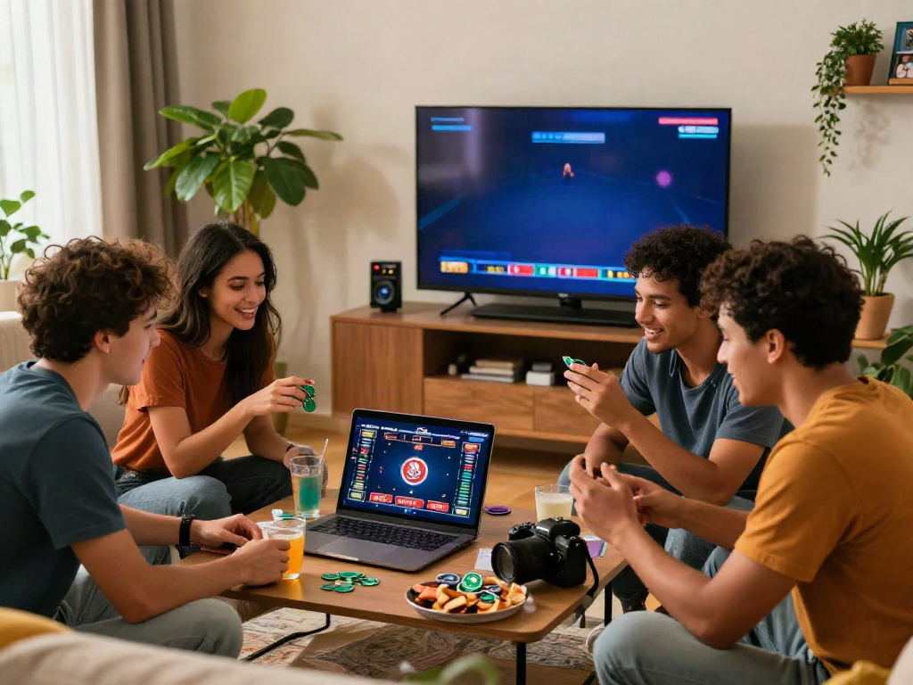 Friends enjoying a gaming night discussing strategies at a non gamstop casino in a cozy setting.