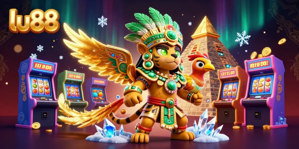 Engage with lu88's dynamic casino experience featuring a Mayan jaguar priest among vibrant slot elements.