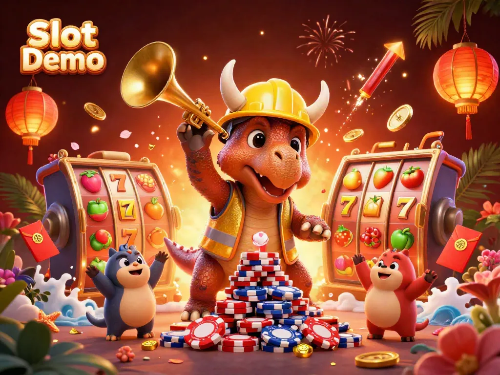 Engage with Slot Demo as a triceratops and parasaurolophus build a chip pyramid with festive symbols.