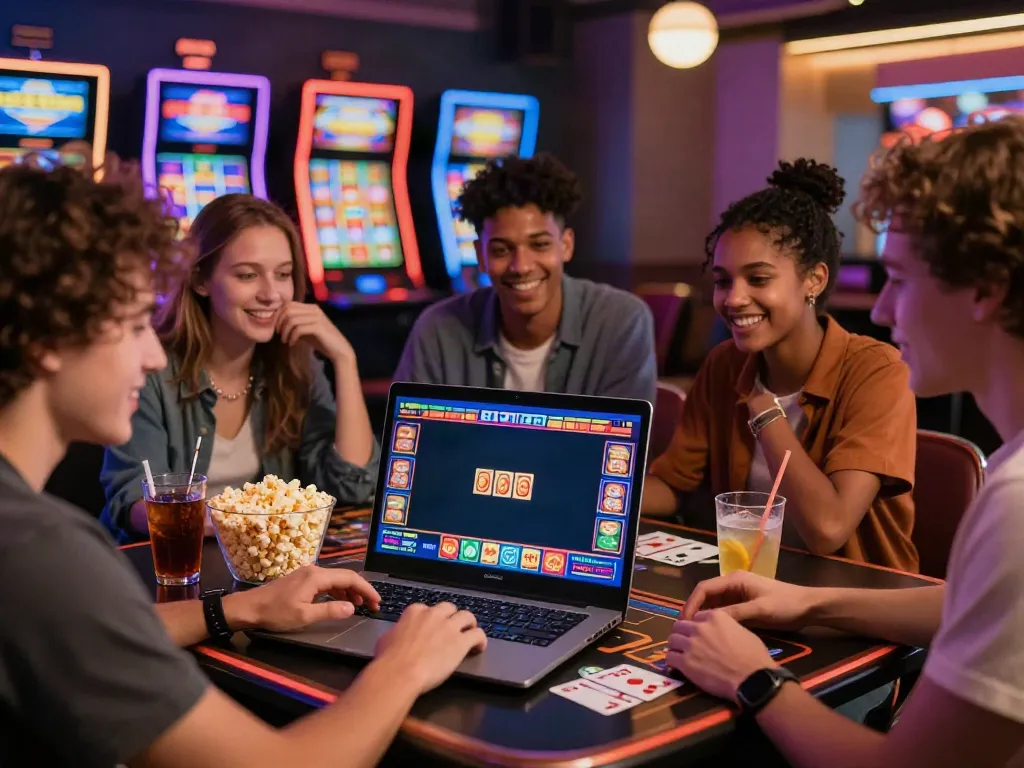 Friends enjoying gaming at a non gamstop casino with snacks and drinks.