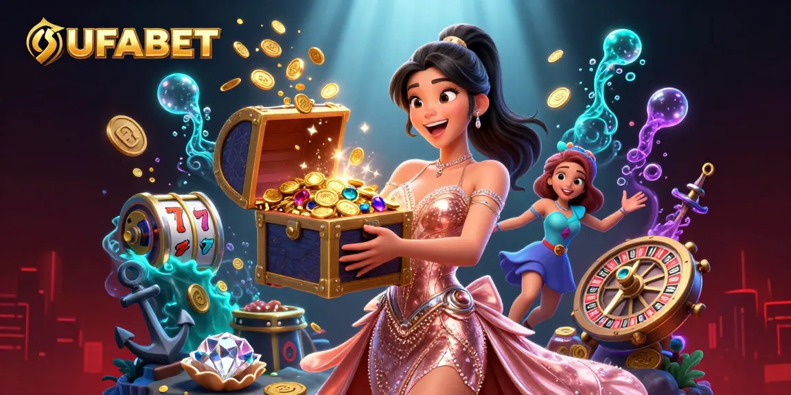 Experience the thrill of UFABET as the treasure chest overflows with riches in an exciting casino scene.