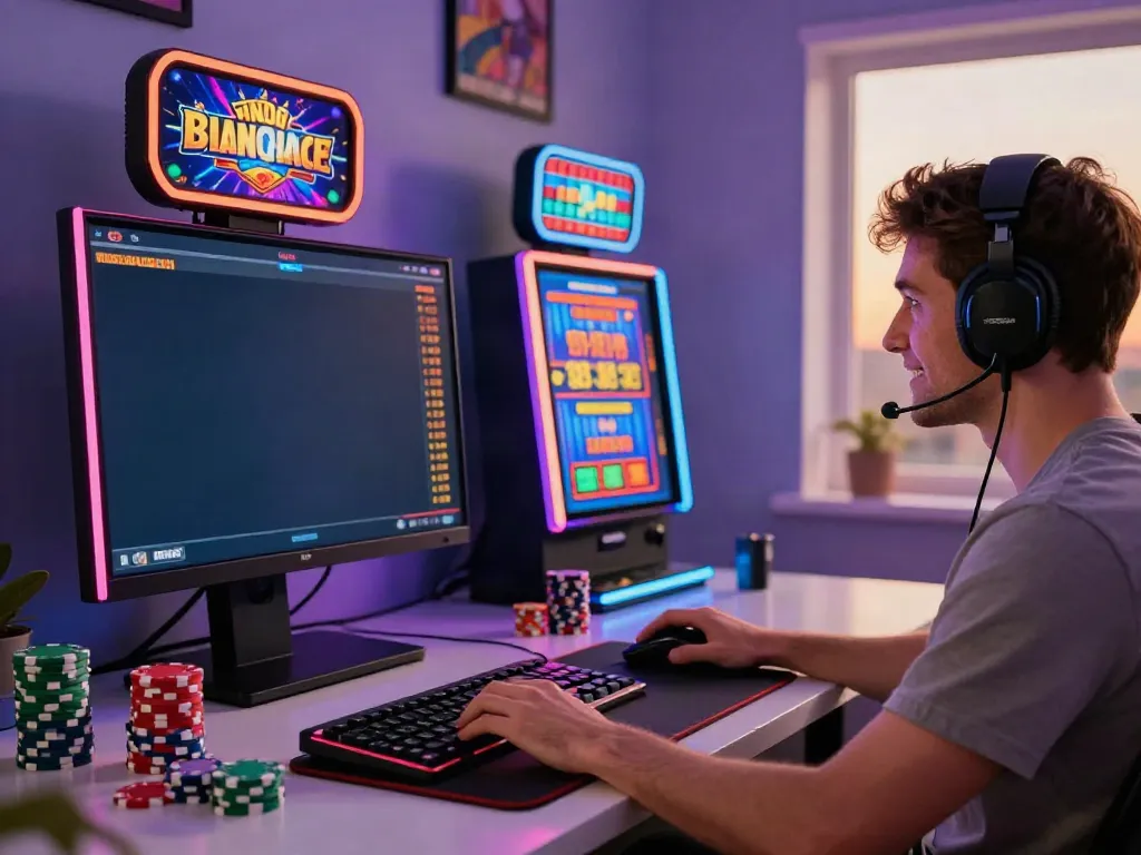 Dynamic online gaming environment showcasing a non Gamstop casino experience with colorful slot machine graphics and virtual chips.