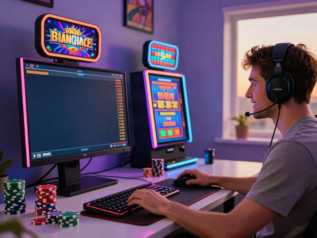 Dynamic online gaming environment showcasing a non Gamstop casino experience with colorful slot machine graphics and virtual chips.