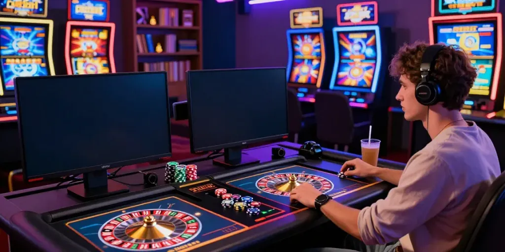 Engaging scene in a non GamStop casino showcasing a player immersed in online gaming with vibrant colors and modern setups.