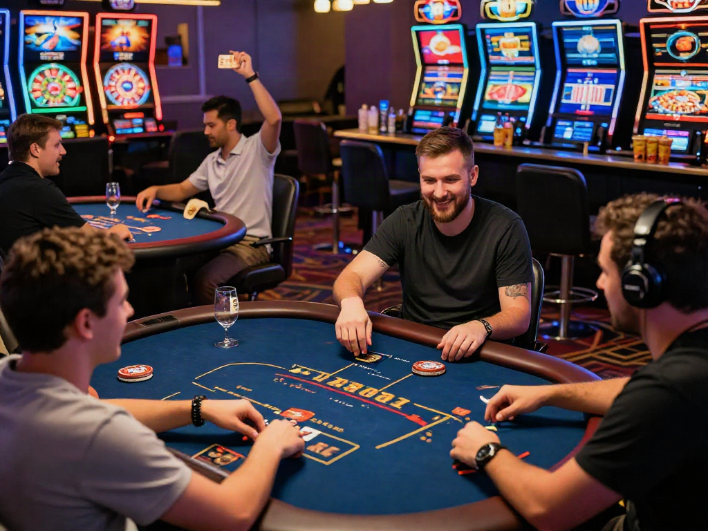 Exciting scene of players engaging at a non Gamstop casino with colorful gaming stations and vibrant atmosphere.