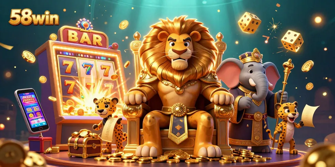 Join the excitement at 58win with vibrant slot machines and a majestic lion king!